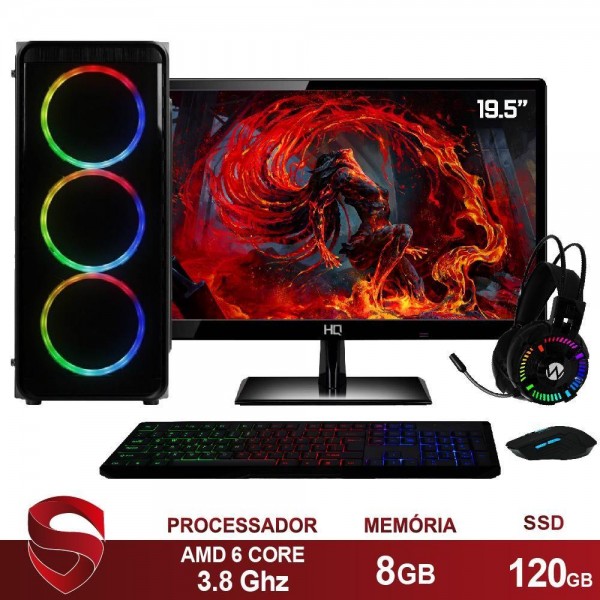 PC Gamer Completo AMD 6-Core CPU 3.8Ghz 8GB (Placa de vídeo Radeon R5 2GB) SSD 120GB Kit Gamer Skill Monitor HDMI LED 19.5"